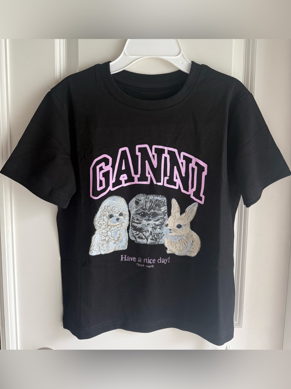 Ganni Black Tee with Pink Logo and Pastel Animal Trio